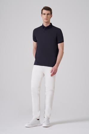  Erkek Lacivert Trend Jakarlı Polo Yaka Dinamik Fit T-shirt