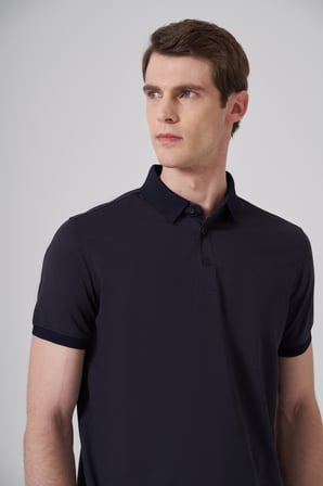  Erkek Lacivert Trend Jakarlı Polo Yaka Dinamik Fit T-shirt