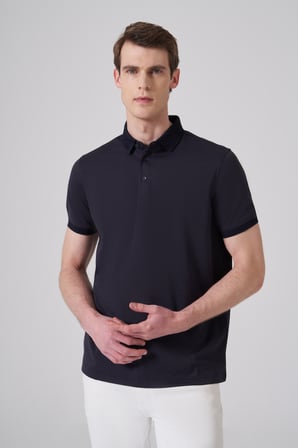  Erkek Lacivert Trend Jakarlı Polo Yaka Dinamik Fit T-shirt