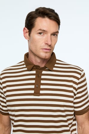  Erkek AÇIK KAHVE Trend Balık Sırtı Çizgili Polo Yaka Dinamik Fit Tshirt