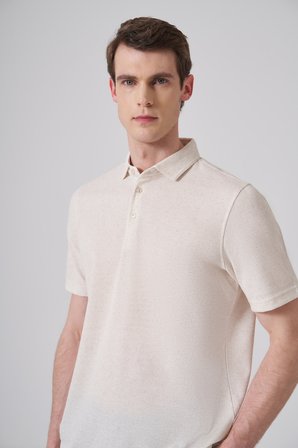  Erkek Bej Trend Örme Keten Dinamik Fit Polo Yaka T-shirt