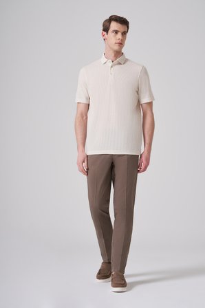  Erkek Bej Trend Örme Keten Dinamik Fit Polo Yaka T-shirt