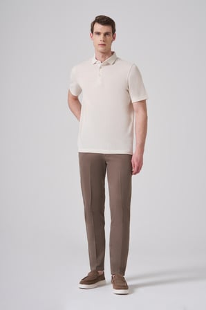  Erkek Bej Trend Örme Keten Dinamik Fit Polo Yaka T-shirt