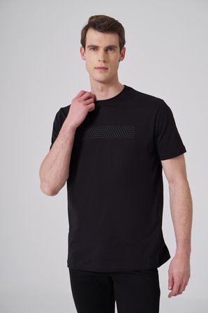  Erkek Siyah Trend Baskılı Bisiklet Yaka Dinamik Fit T-shirt
