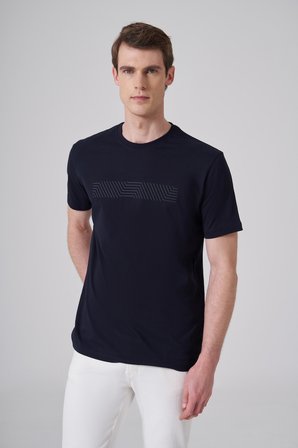  Erkek Lacivert Trend Baskılı Bisiklet Yaka Dinamik Fit T-shirt