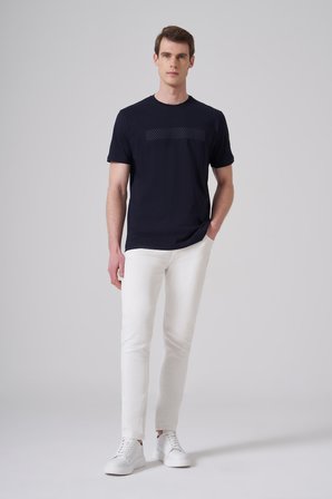  Erkek Lacivert Trend Baskılı Bisiklet Yaka Dinamik Fit T-shirt