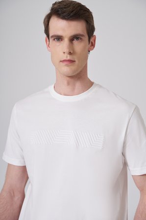  Erkek Ekru Trend Baskılı Bisiklet Yaka Dinamik Fit T-shirt