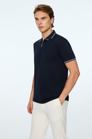  Erkek Lacivert Trend Jakarlı Polo Yaka Dinamik Fit Tshirt