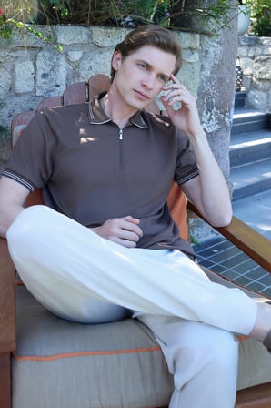  Erkek AÇIK KAHVE Trend Jakarlı Polo Yaka Dinamik Fit Tshirt