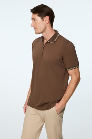  Erkek AÇIK KAHVE Trend Jakarlı Polo Yaka Dinamik Fit Tshirt