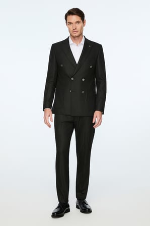  Erkek Siyah Poliviskon Trend Slim Fit Sivri Yaka Kruvaze Takım Elbise