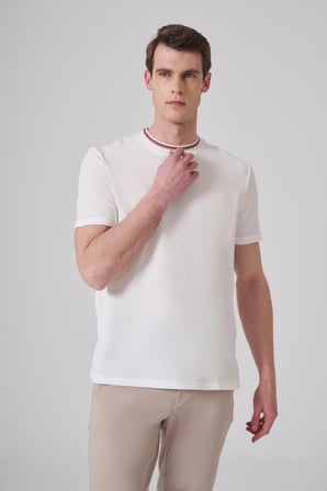  Erkek Ekru Trend Düz Penye  Bisiklet Yaka T-shirt