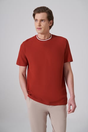  Erkek Kiremit Trend Düz Penye  Bisiklet Yaka T-shirt