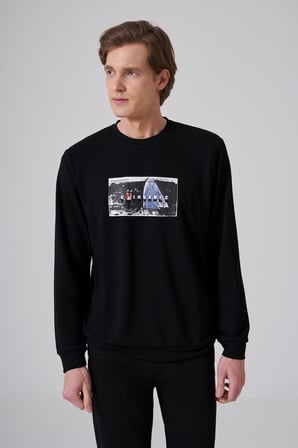  Erkek Siyah Trend Baskılı Bisiklet Yaka Sweat-Shirt