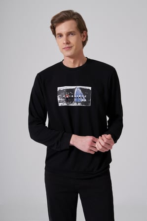  Erkek Siyah Trend Baskılı Bisiklet Yaka Sweat-Shirt