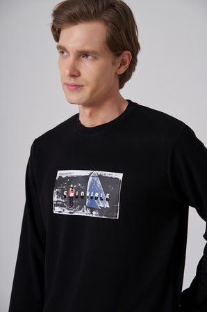  Erkek Siyah Trend Baskılı Bisiklet Yaka Sweat-Shirt
