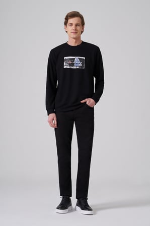  Erkek Siyah Trend Baskılı Bisiklet Yaka Sweat-Shirt