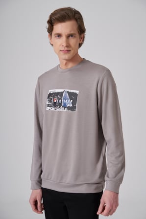  Erkek Taş Trend Baskılı Bisiklet Yaka Sweat-Shirt