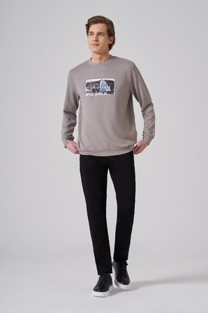  Erkek Taş Trend Baskılı Bisiklet Yaka Sweat-Shirt