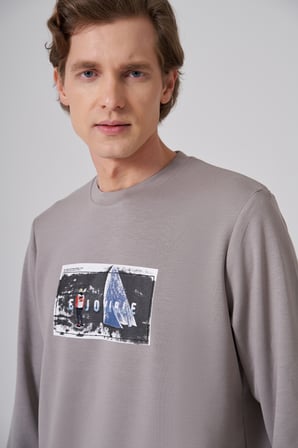  Erkek Taş Trend Baskılı Bisiklet Yaka Sweat-Shirt