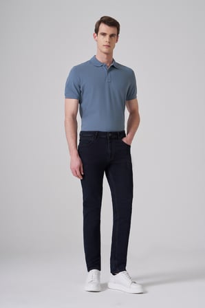  Erkek Lacivert - Kahve Denim 5 Cep Slim Fit Jean