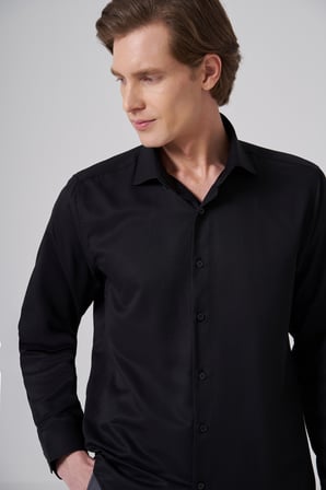  Erkek Siyah Polyester Trend Slim Fit Tam İtalyan Yaka Gömlek
