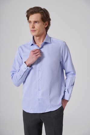  Erkek Mavi Polyester Trend Slim Fit Tam İtalyan Yaka Gömlek