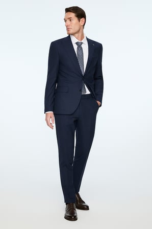  Erkek Lacivert Yünlü Trend Ekose Slim Fit Mono Yaka Takım Elbise