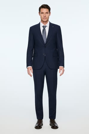  Erkek Lacivert Yünlü Trend Ekose Slim Fit Mono Yaka Takım Elbise