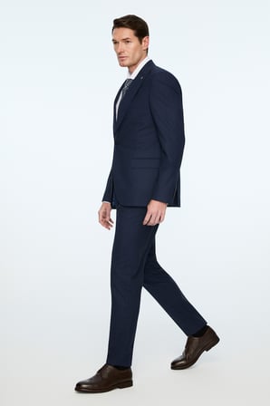  Erkek Lacivert Yünlü Trend Ekose Slim Fit Mono Yaka Takım Elbise