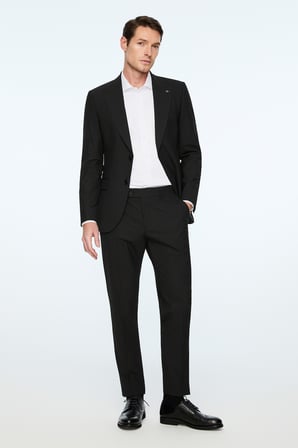  Erkek Siyah Poliviskon Basic Düz Slim Fit Sivri Yaka Takım Elbise