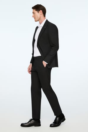  Erkek Siyah Poliviskon Basic Düz Slim Fit Sivri Yaka Takım Elbise
