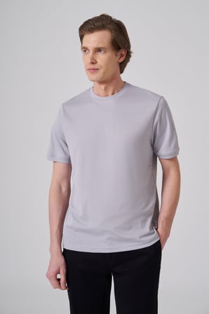  Erkek Gri Trend Düz Penye  Bisiklet Yaka Tshirt