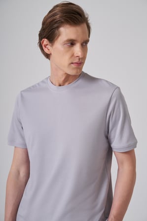  Erkek Gri Trend Düz Penye  Bisiklet Yaka Tshirt