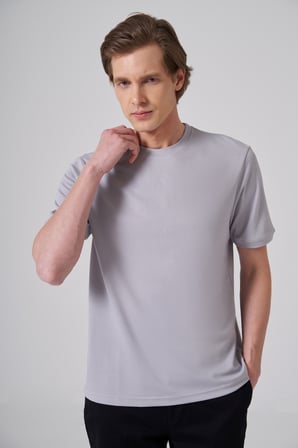  Erkek Gri Trend Düz Penye  Bisiklet Yaka Tshirt