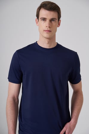  Erkek Lacivert Trend Düz Penye  Bisiklet Yaka Tshirt
