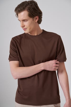  Erkek AÇIK KAHVE Trend Düz Penye  Bisiklet Yaka Tshirt
