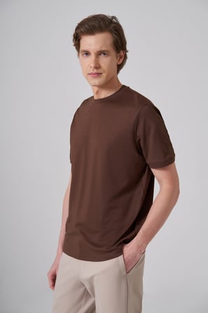  Erkek AÇIK KAHVE Trend Düz Penye  Bisiklet Yaka Tshirt