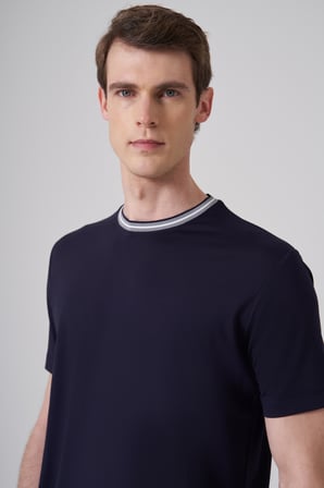  Erkek Lacivert Trend Rayon Bisiklet Yaka Dinamik Fit Tshirt