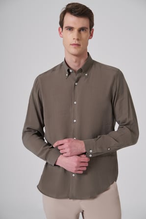  Erkek Haki Dynamic Fit Düğmeli Yaka Gömlek Modal