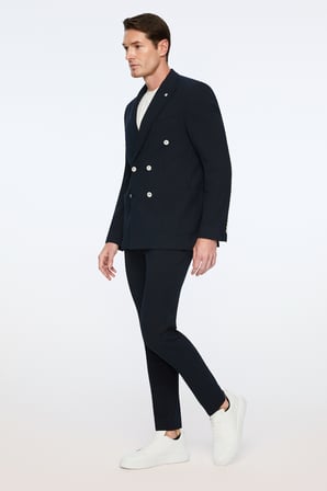  Erkek Lacivert Poliviskon Trend Desenli Slim Fit Sivri Yaka Kruvaze Takım Elbise