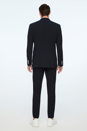  Erkek Lacivert Poliviskon Trend Desenli Slim Fit Sivri Yaka Kruvaze Takım Elbise