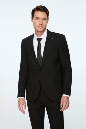  Erkek Siyah Poliviskon Basic Düz Slim Fit Sivri Yaka Takım Elbise
