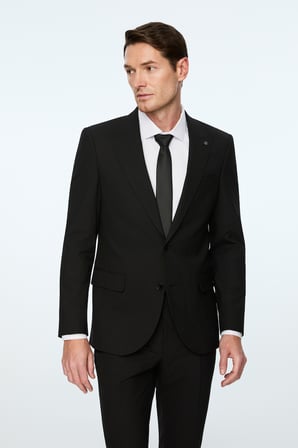  Erkek Siyah Poliviskon Basic Düz Slim Fit Sivri Yaka Takım Elbise