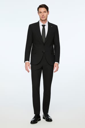  Erkek Siyah Poliviskon Basic Düz Slim Fit Sivri Yaka Takım Elbise