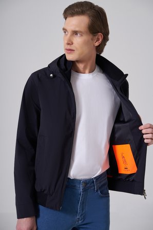  Erkek Lacivert Trend Polyester Kapüşonlu Bomber Mont