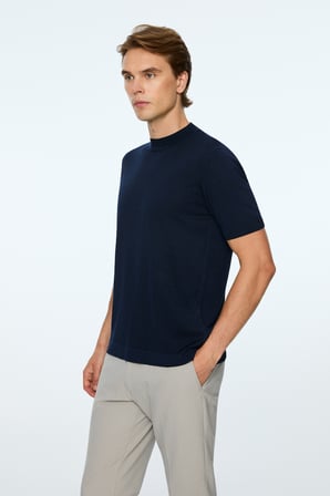  Erkek Lacivert Trend Bisiklet Yaka Rayon Triko T-Shirt