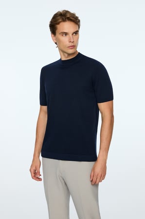  Erkek Lacivert Trend Bisiklet Yaka Rayon Triko T-Shirt