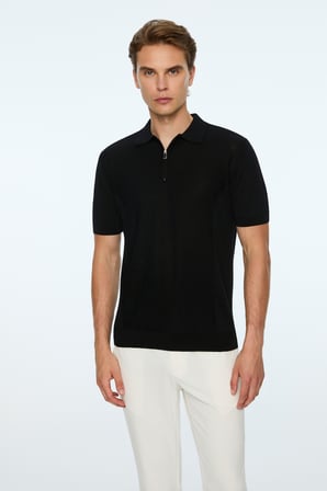 Erkek Siyah Trend Polo Yaka Rayon Triko T-Shirt