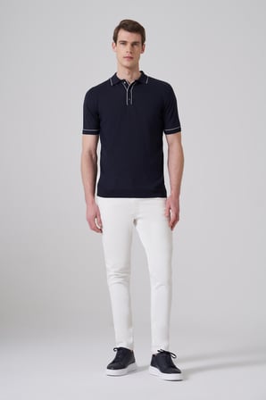  Erkek Lacivert Trend Polo Yaka Jakarlı Triko T-Shirt